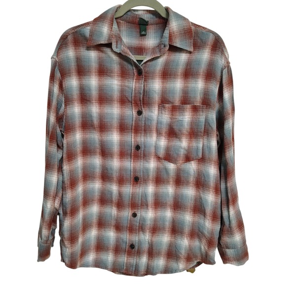 wild fable Tops - Wild Fable Flannel Shirt XS Oversized Brown Blue Plaid Long Sleeve Button Up